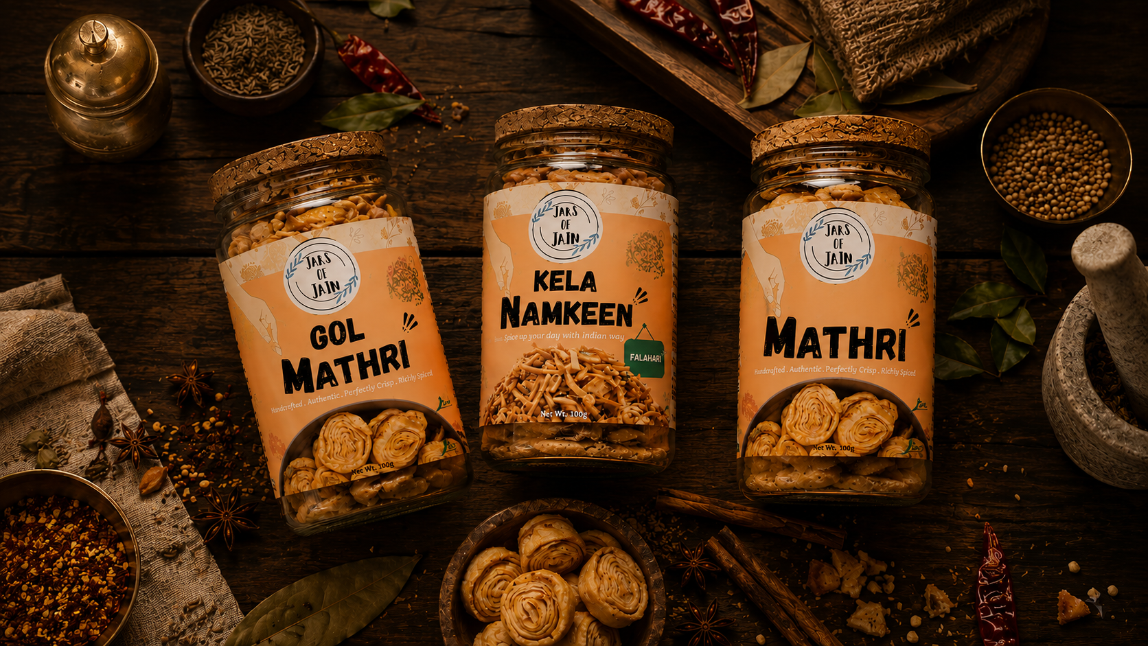 Artisan preserves and spices arranged on dark walnut wood